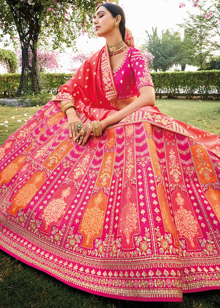 Pink & Red Banarasi Silk Lehenga Choli with Embroidery,Sequence & Weaving work