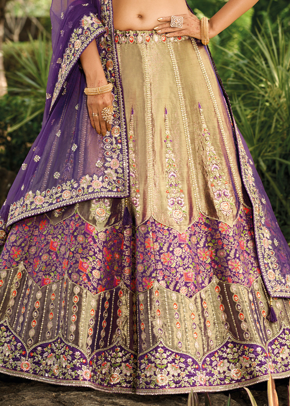 Purple & Brown Banarasi Silk Lehenga Choli with Embroidery,Sequence & Weaving work