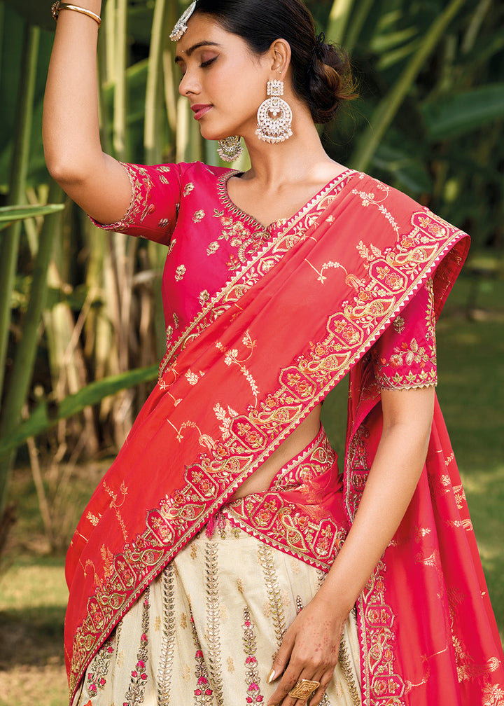 Daisy White & Pink Banarasi Silk Lehenga Choli with Embroidery,Sequence & Weaving work