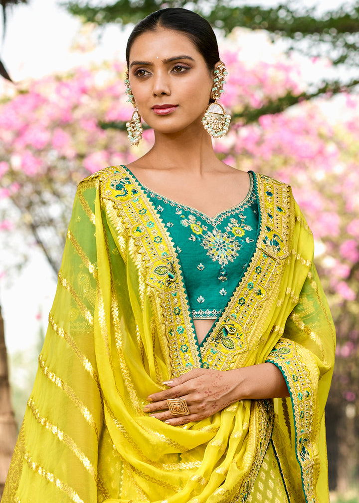 Lemon Yellow Crepe Georgette Lehenga with Embroidery, Thread work & Jacquard Butti all over