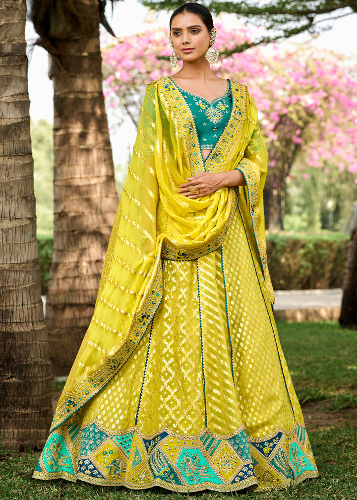 Lemon Yellow Crepe Georgette Lehenga with Embroidery, Thread work & Jacquard Butti all over