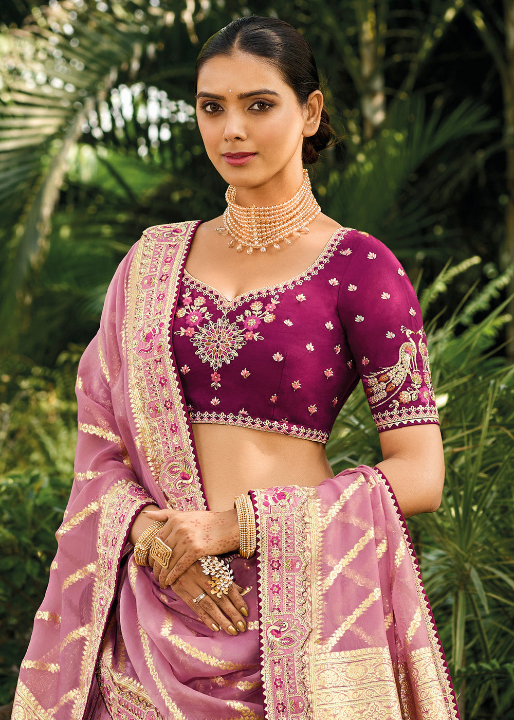 Shades Of Purple Crepe Georgette Lehenga with Embroidery, Thread work & Jacquard Butti all over