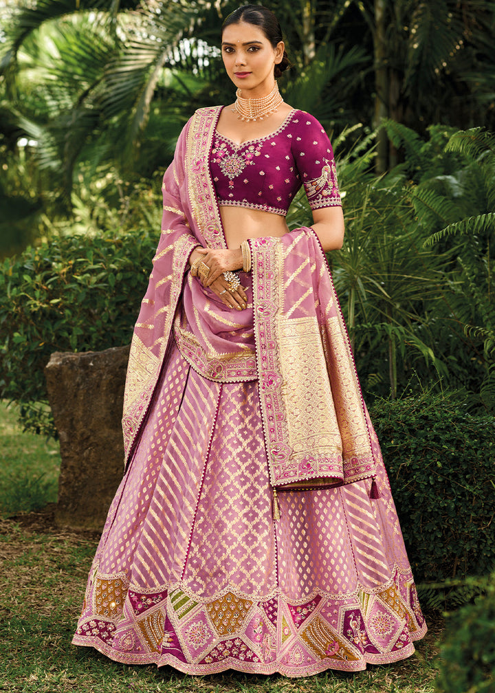 Shades Of Purple Crepe Georgette Lehenga with Embroidery, Thread work & Jacquard Butti all over