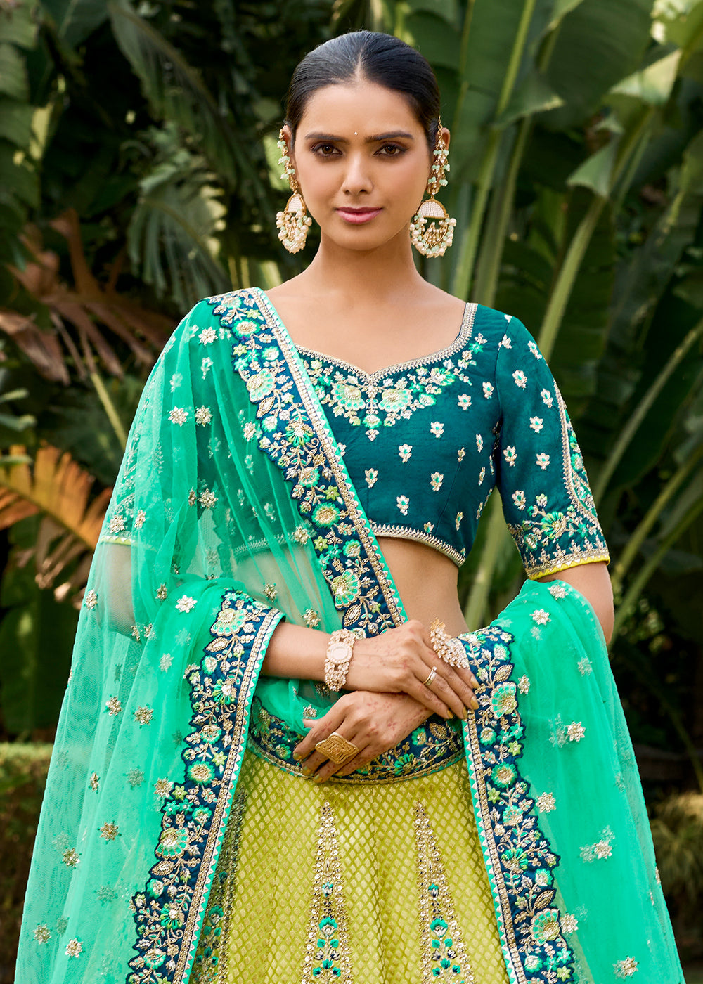 Shades Of Blue Crepe Georgette Lehenga with Embroidery, Thread work & Jacquard Butti all over