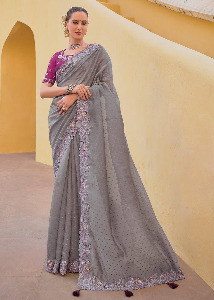 Seal Grey Tissue Organza Silk with Embroidery Cut Work Border, Stone & Sequence work