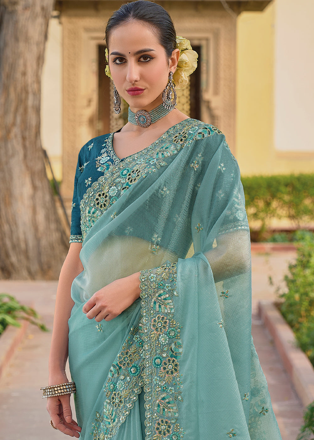 Pacific Blue Tissue Organza Silk with Embroidery Cut Work Border, Stone & Sequence work
