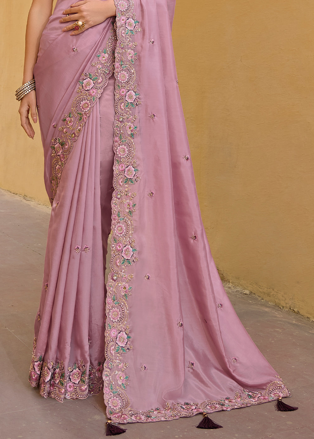 Pink Purple Tissue Organza Silk with Embroidery Cut Work Border, Stone & Sequence work