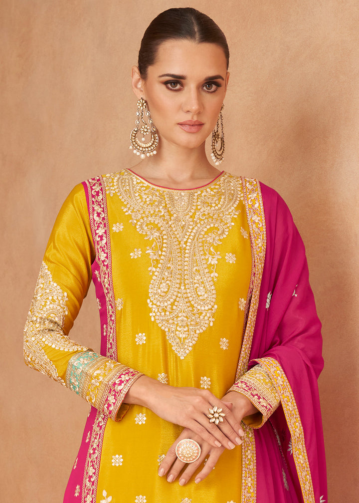 Butter Yellow Fully Embroidered Chinon Plazzo Suit