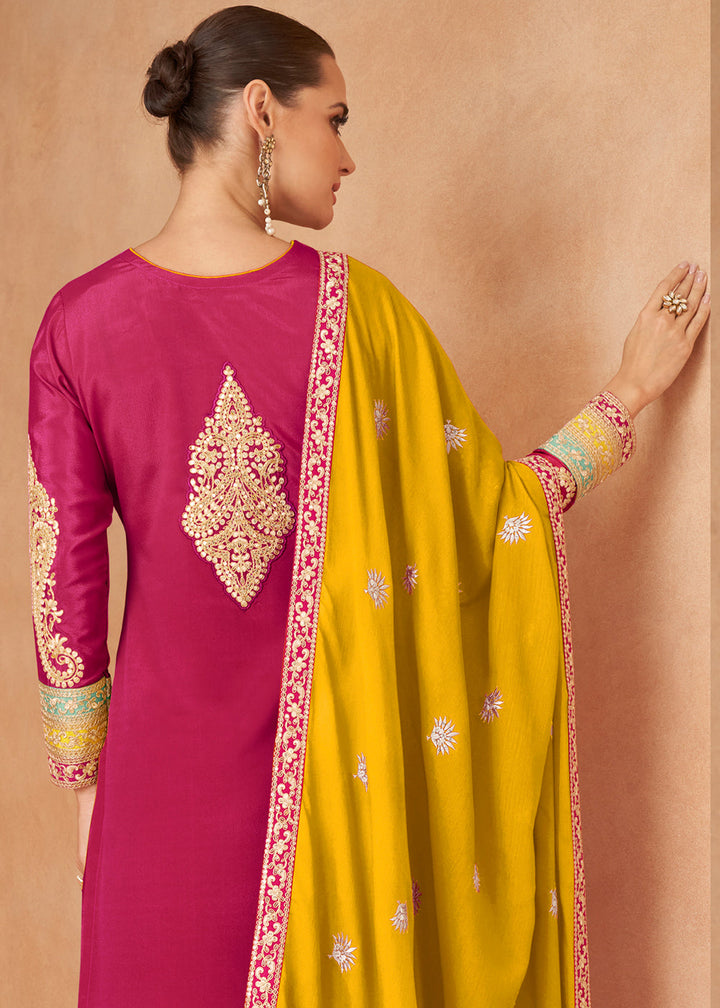 Magenta Pink Fully Embroidered Chinon Plazzo Suit