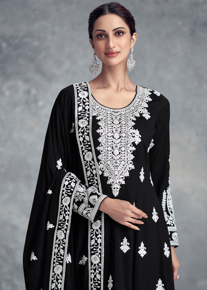 Jade Black Floral Embroidery Chinon Plazzo Suit