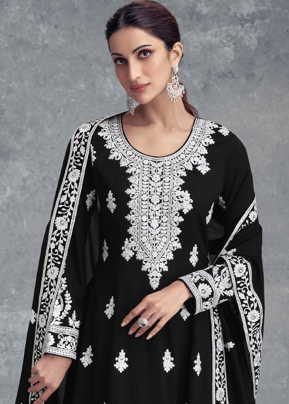 Jade Black Floral Embroidery Chinon Plazzo Suit