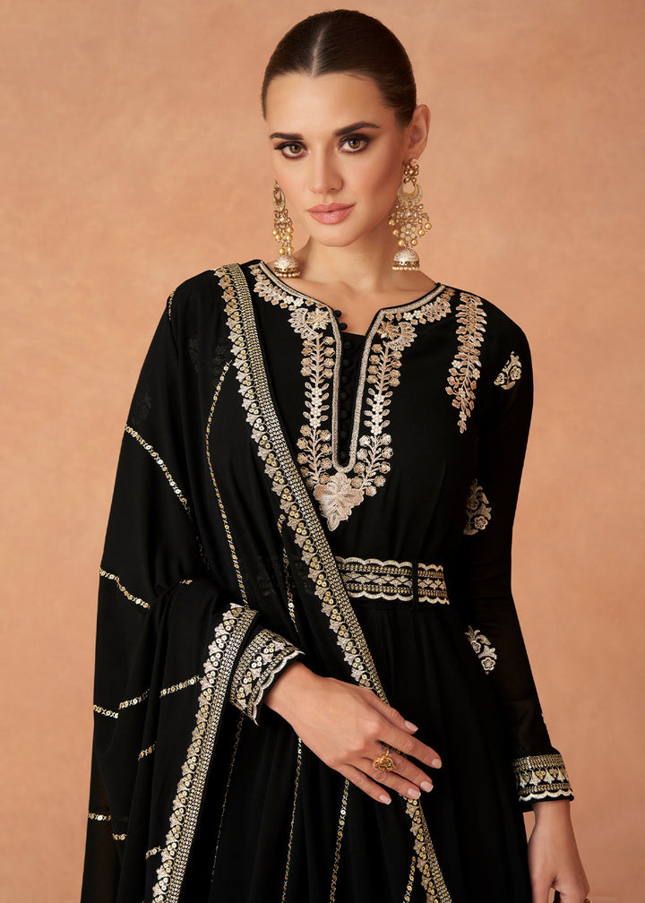 Midnight Black Designer Embroidered Georgette Anarkali Suit