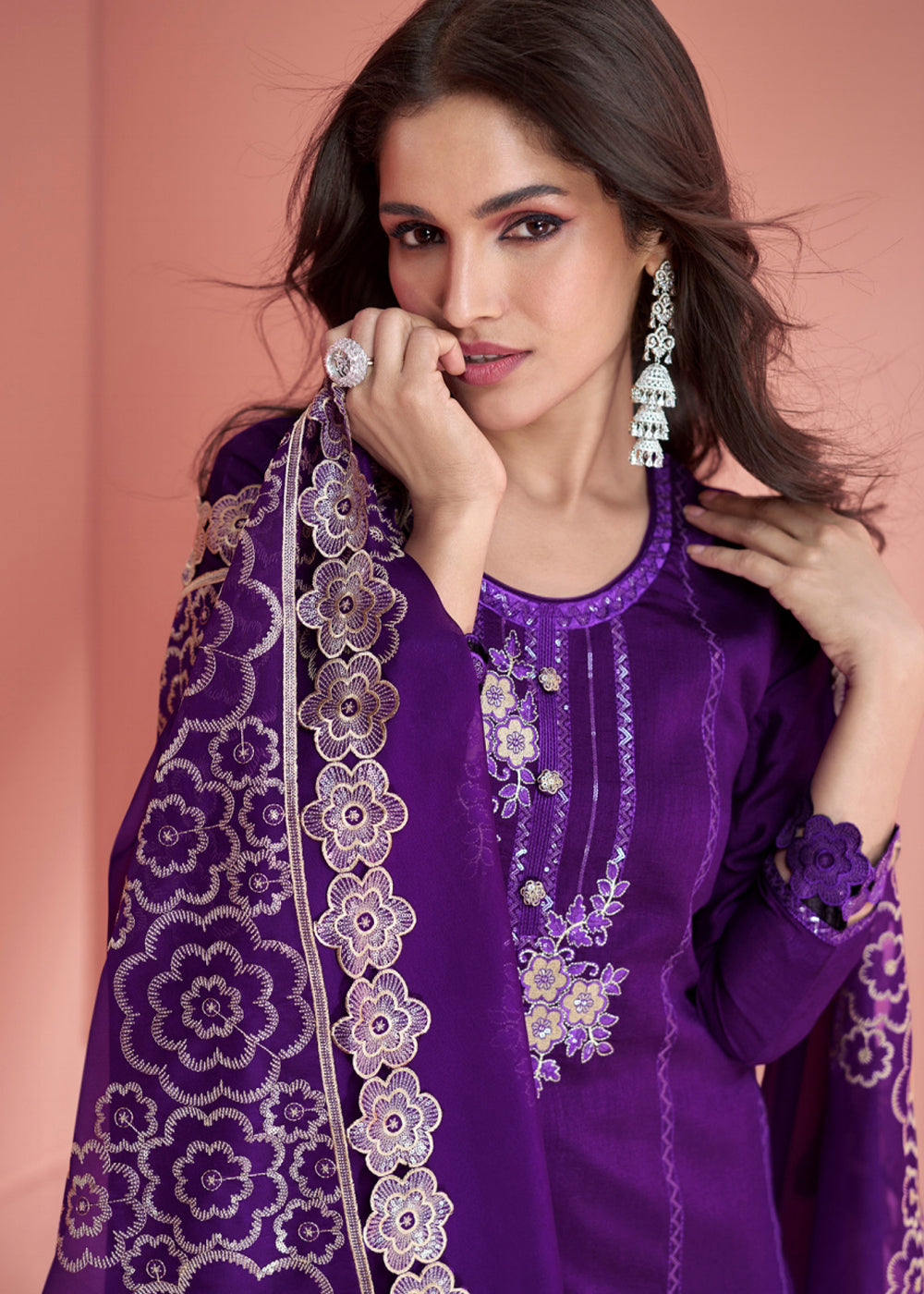 Violet Purple Purple Embroidered Silk Salwar Suit