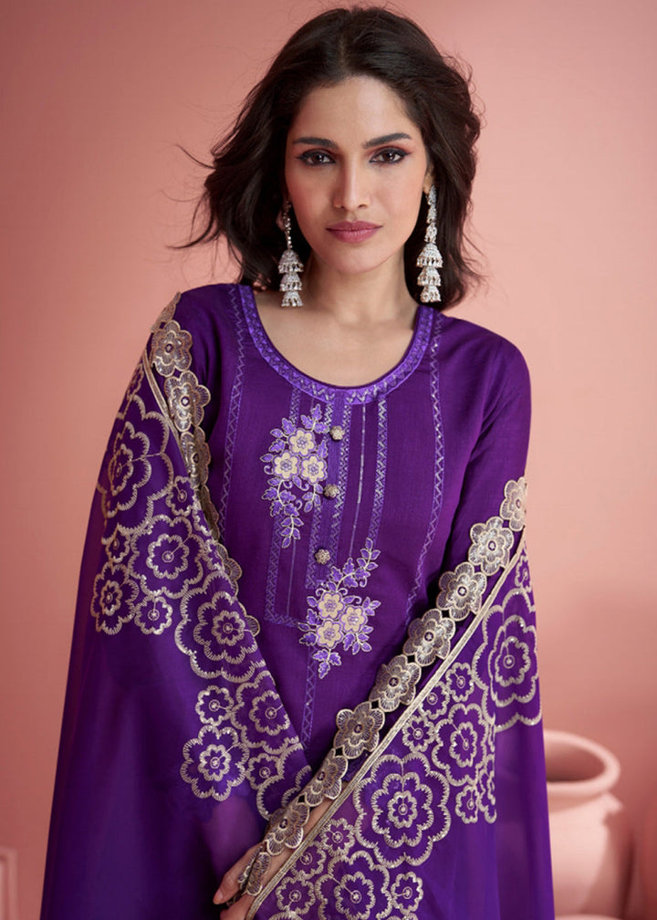 Violet Purple Purple Embroidered Silk Salwar Suit