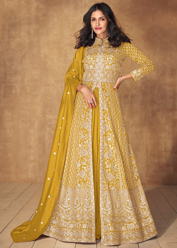 Tuscany Yellow Embroidered Silk Top & Skirt Set with Dupatta