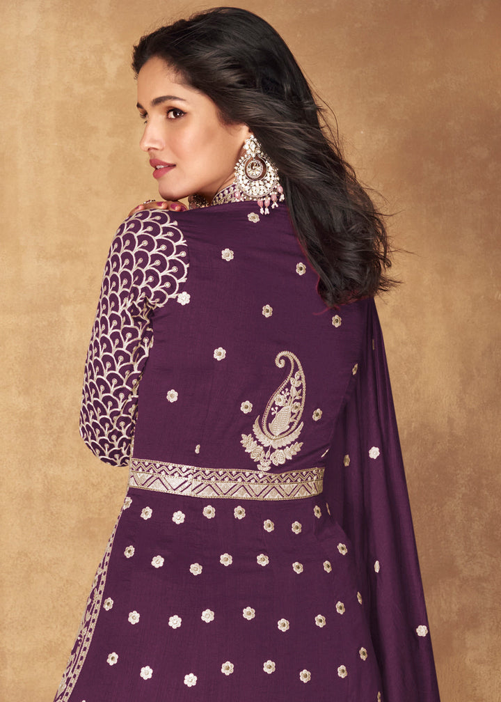 Eggplant Purple Embroidered Silk Top & Skirt Set with Dupatta