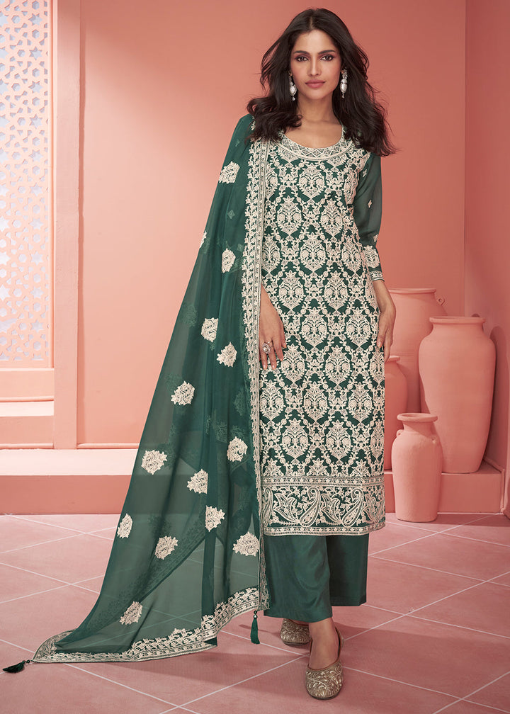 Greasy Green Organza Silk Embroidered Salwar Suit