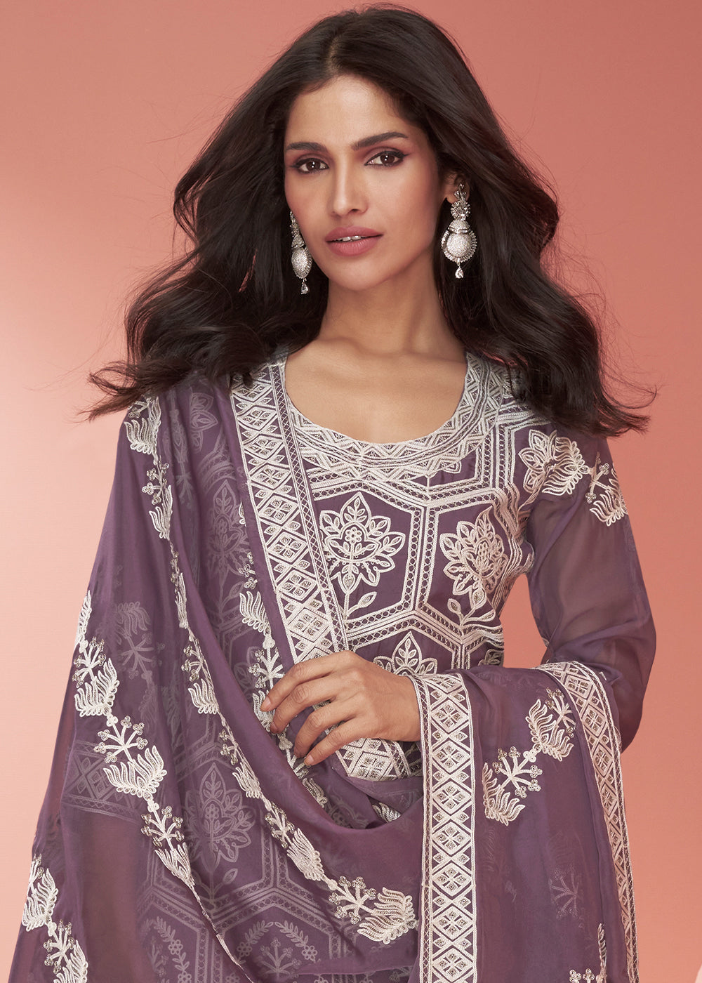 French Purple Organza Silk Embroidered Salwar Suit
