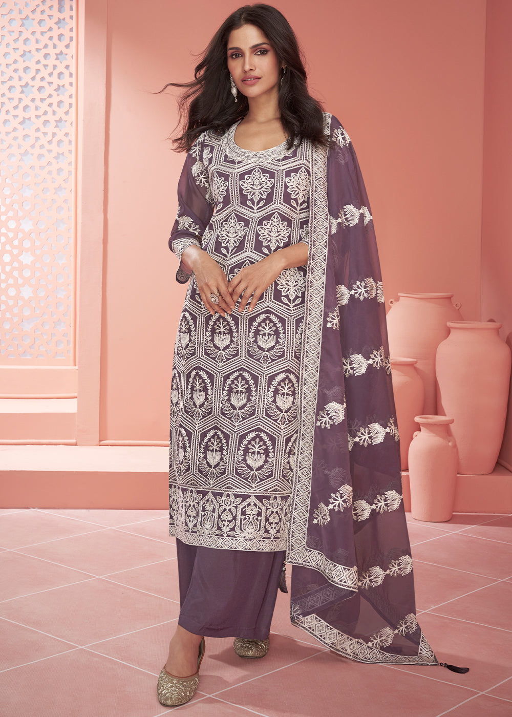 French Purple Organza Silk Embroidered Salwar Suit