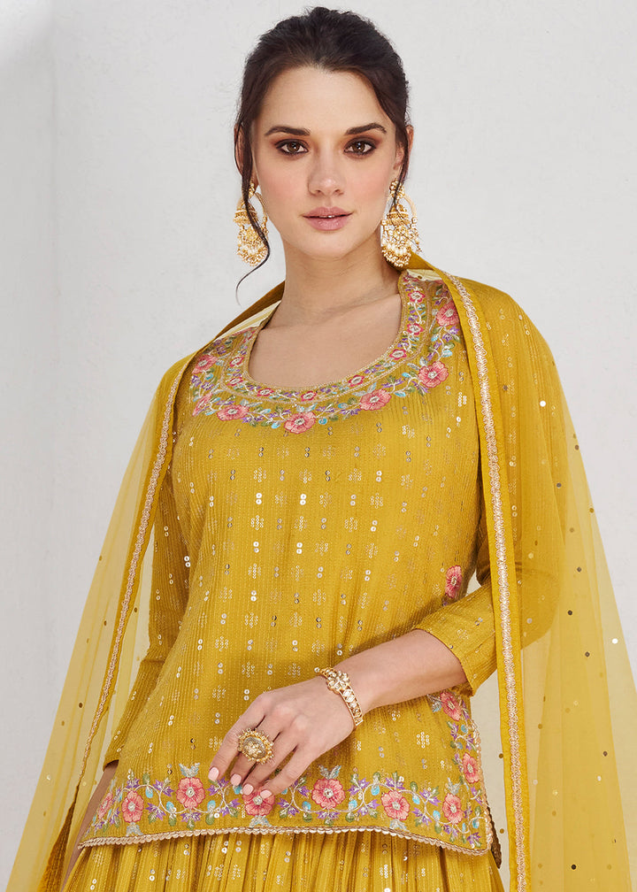 Canary Yellow Embroidered Georgette Top & Skirt Set with Dupatta