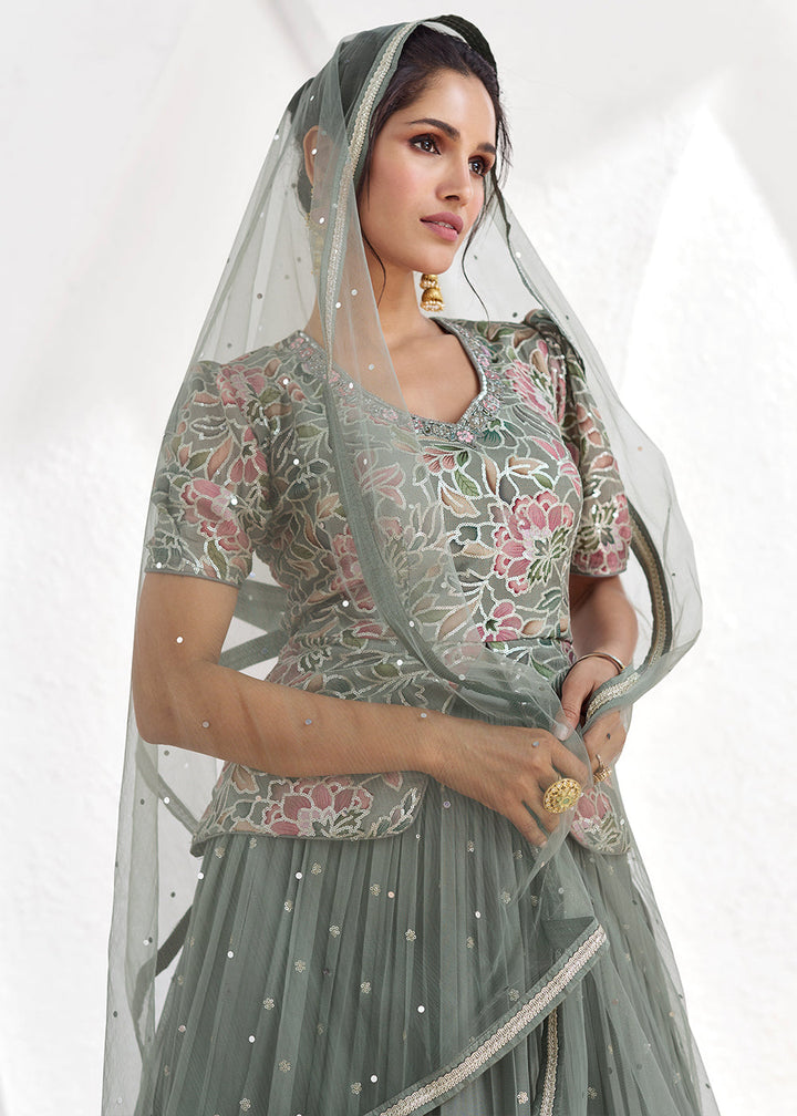 Seal Grey Embroidered Georgette Top & Skirt Set with Dupatta