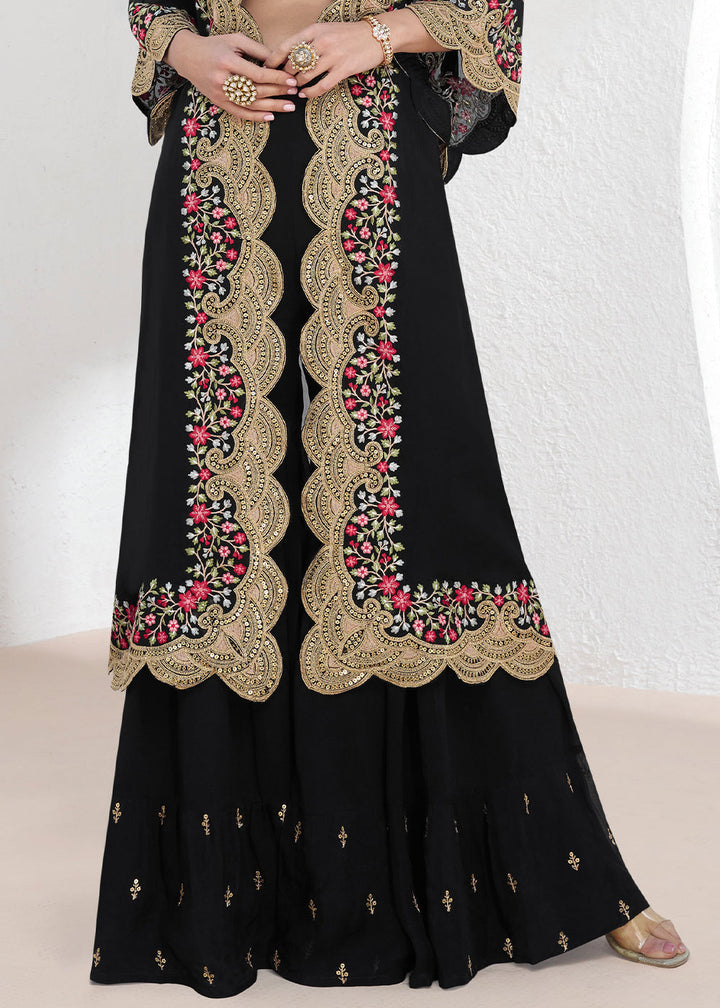 Onyx Black Embroidered Georgette Top & Skirt Set with Jacket