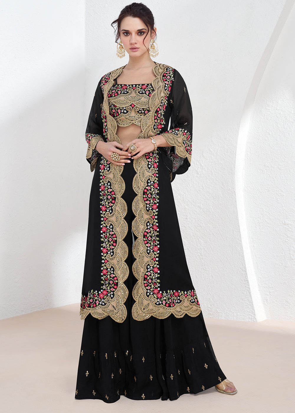 Onyx Black Embroidered Georgette Top & Skirt Set with Jacket