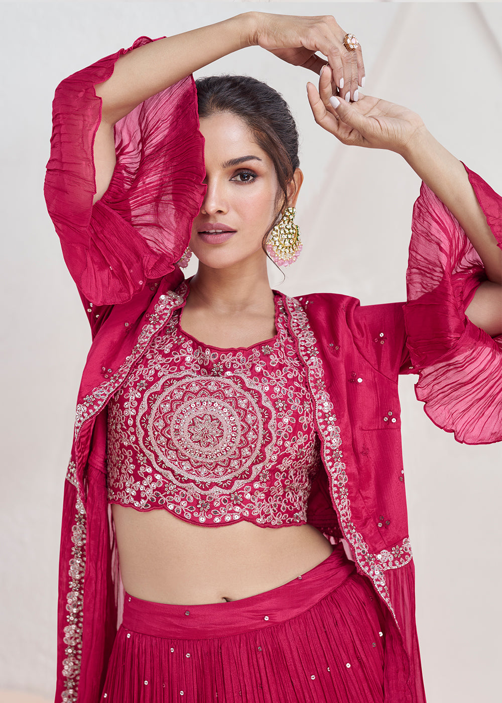 Magenta Pink Embroidered Georgette Top & Skirt Set with Jacket