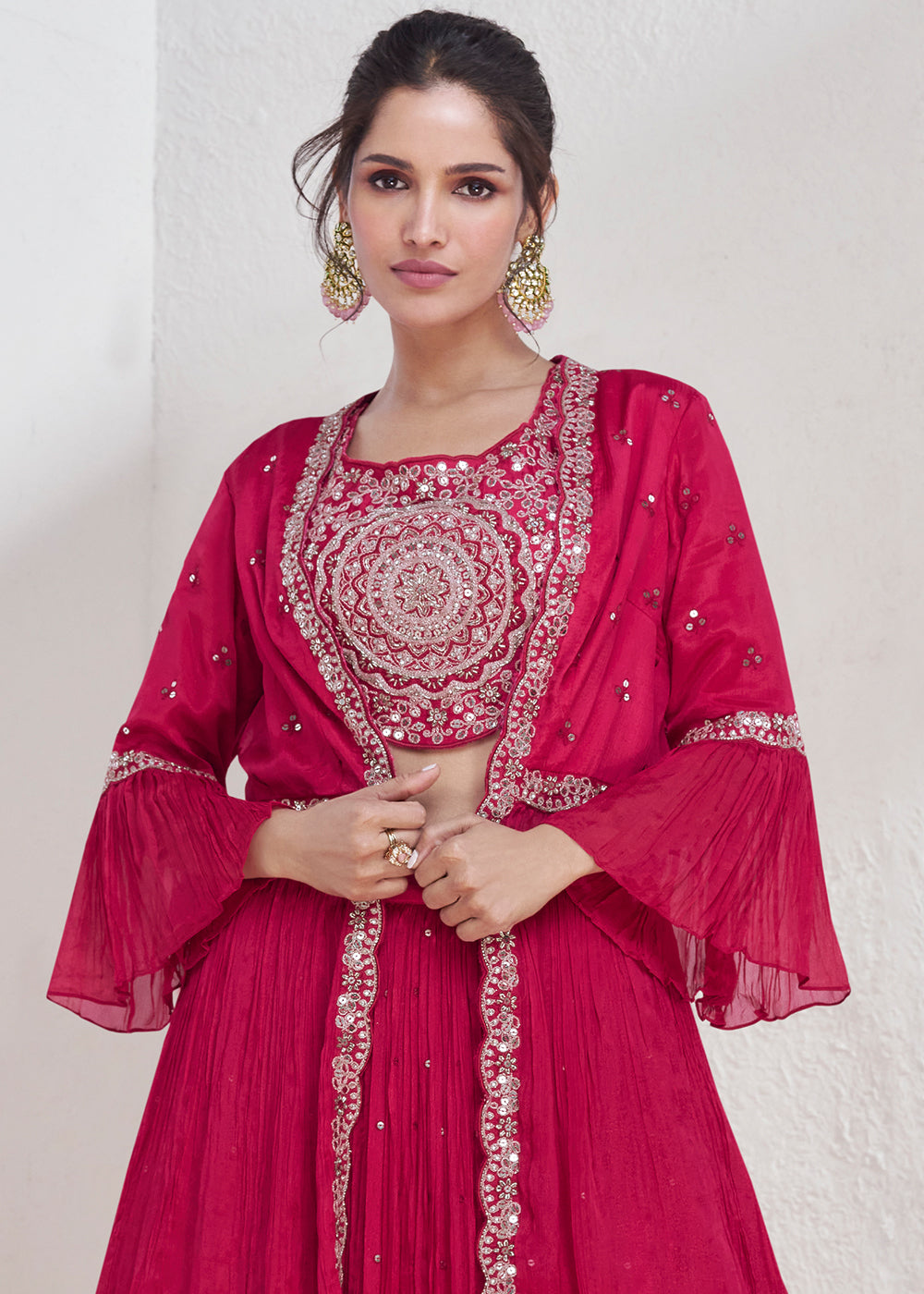Magenta Pink Embroidered Georgette Top & Skirt Set with Jacket