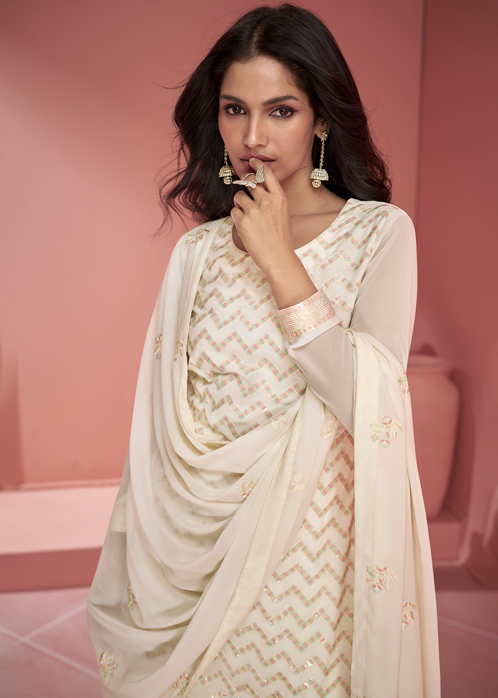 Pearl White Floral Embroidered Georgette Plazzo Suit