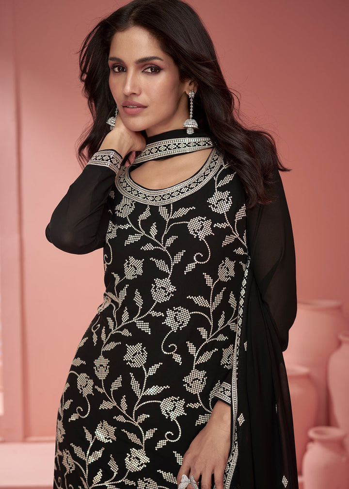 Onyx Black Floral Embroidered Georgette Plazzo Suit