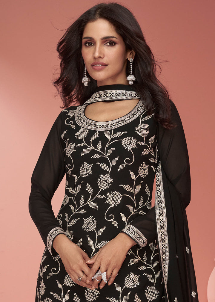 Onyx Black Floral Embroidered Georgette Plazzo Suit