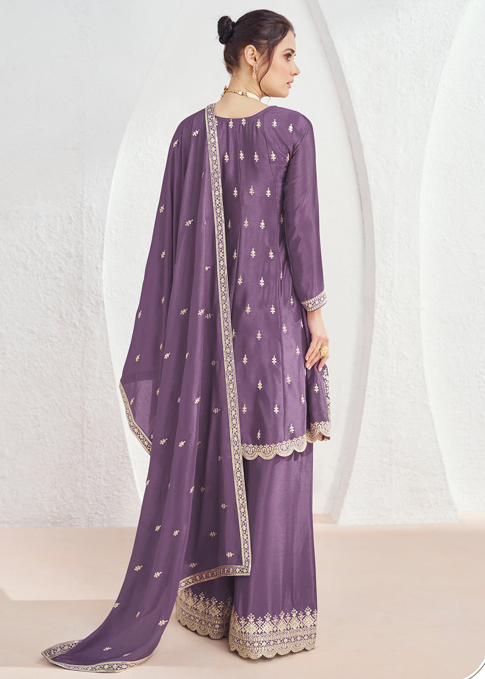 Royal Purple Chinon Silk Embroidered Plazzo Suit