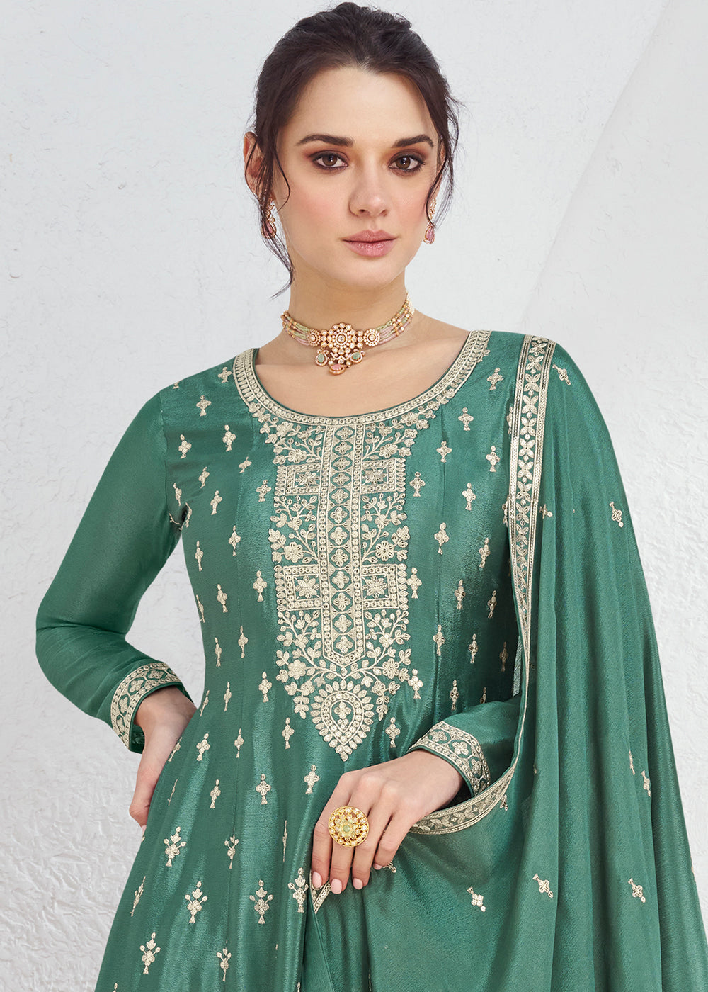 Munsell Green Chinon Silk Embroidered Plazzo Suit