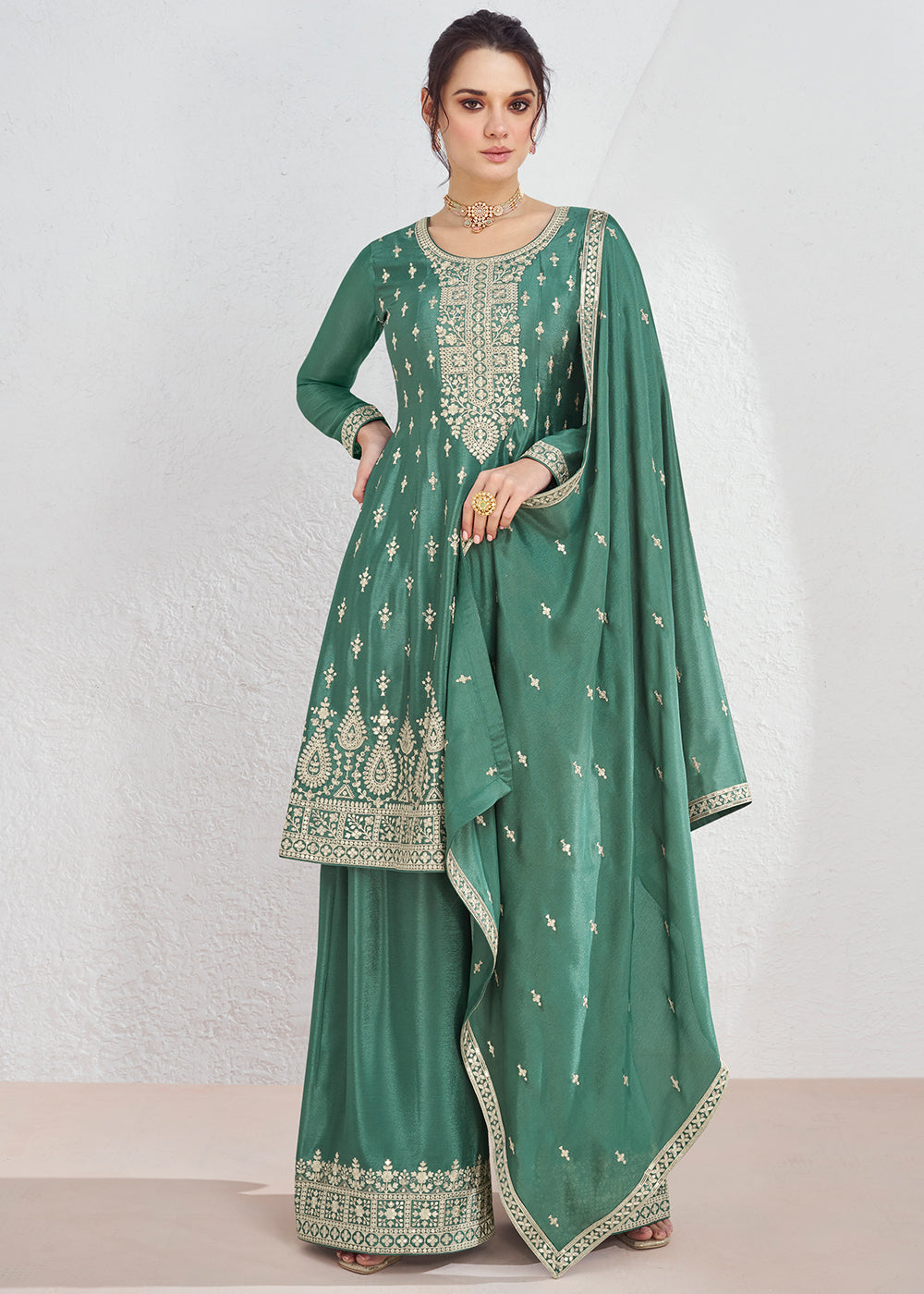 Munsell Green Chinon Silk Embroidered Plazzo Suit