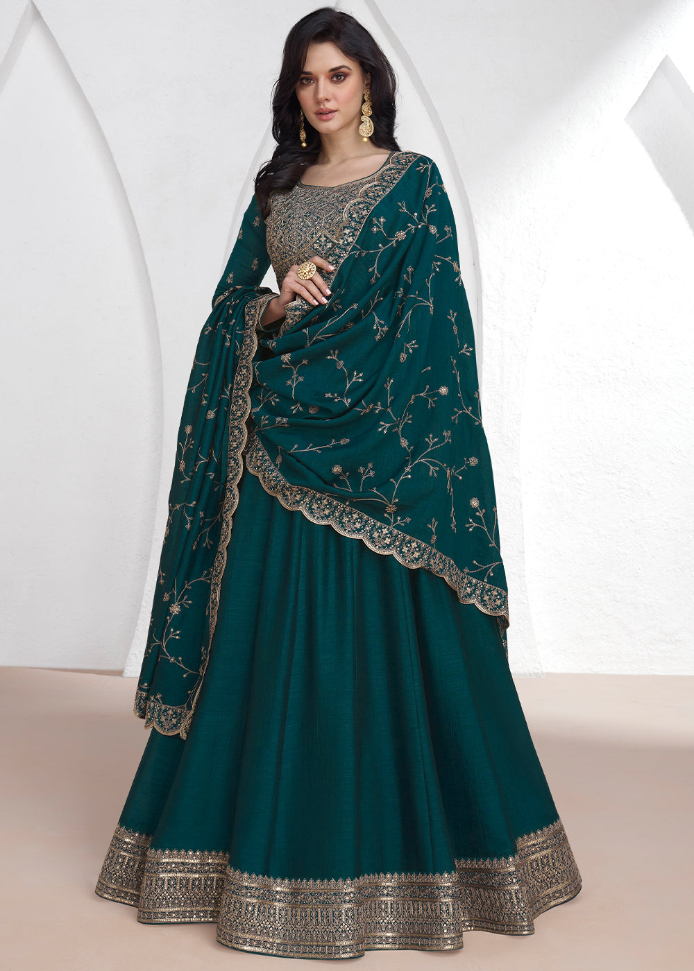 Prussian Blue Silk Anarkali Suit with Embroidery work