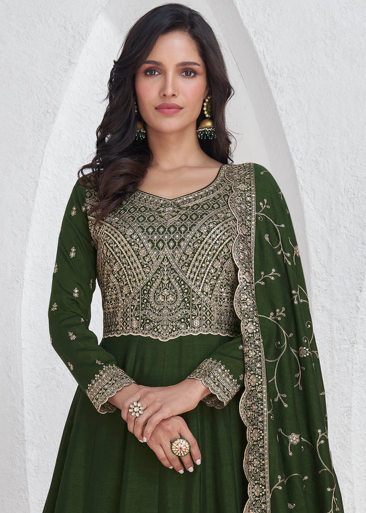 Mehendi Green Silk Anarkali Suit with Embroidery work