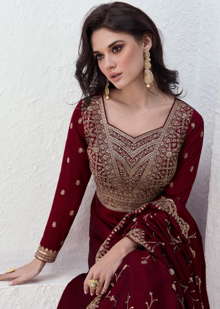 Mahogany Red Silk Anarkali Suit with Embroidery work
