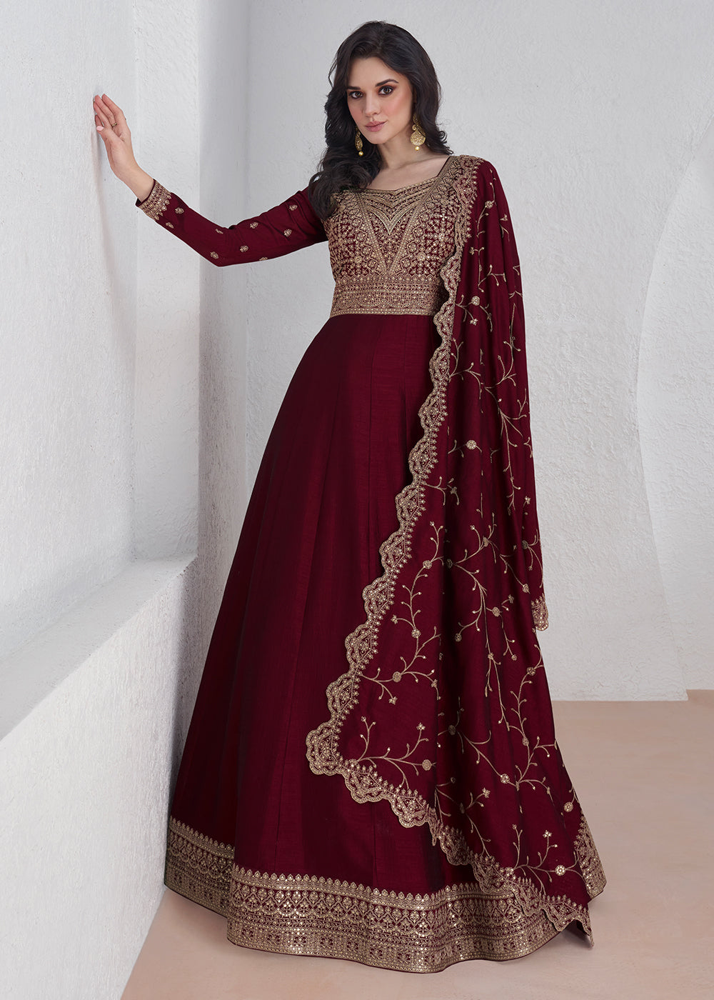 Mahogany Red Silk Anarkali Suit with Embroidery work