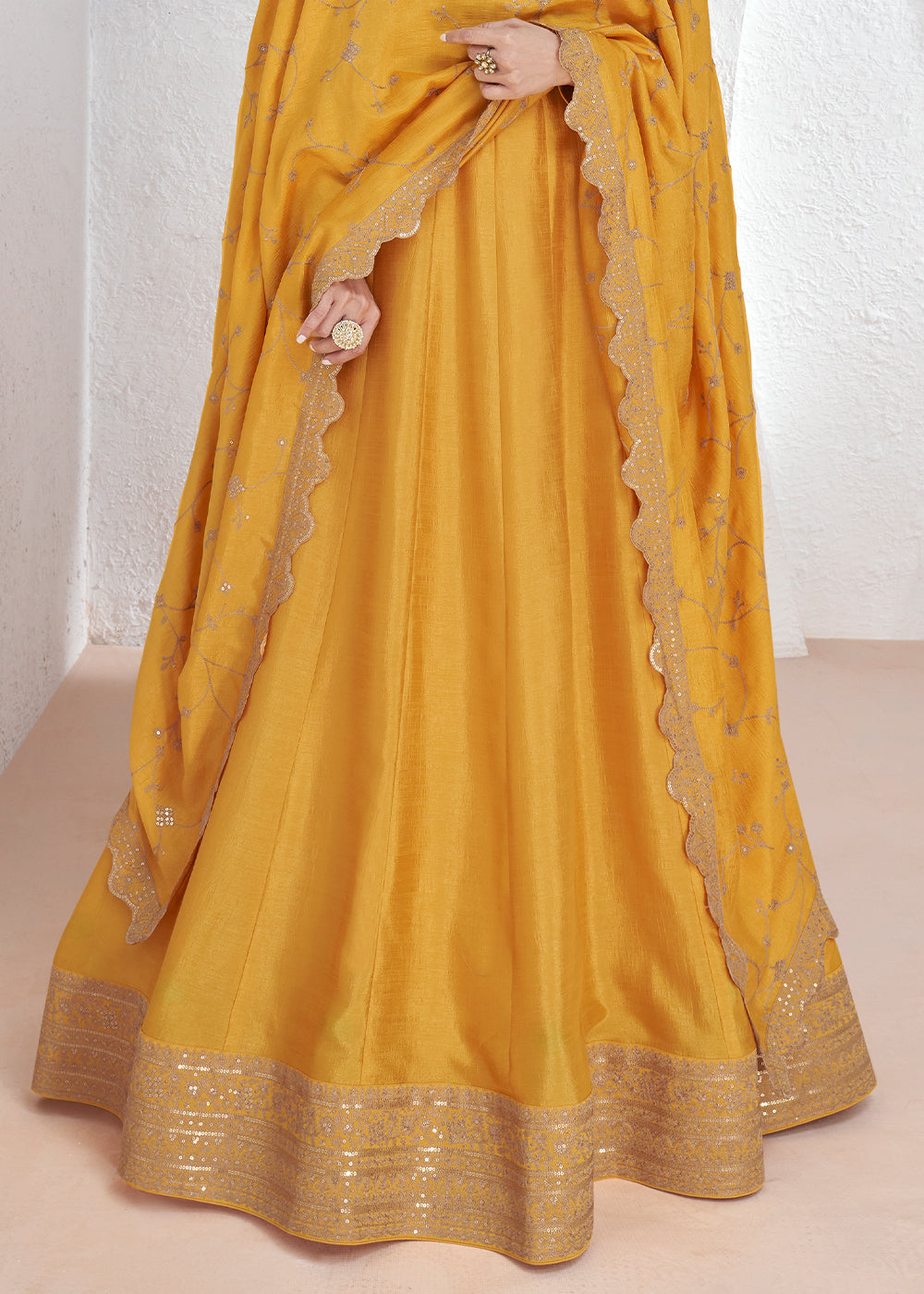Canary Yellow Silk Anarkali Suit with Embroidery work