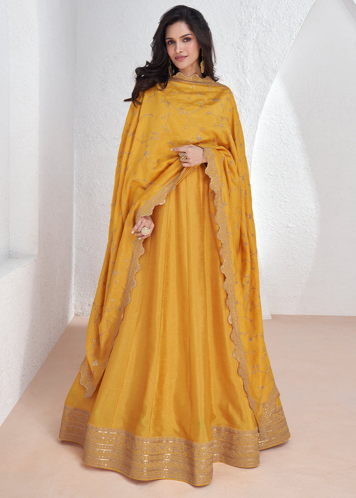 Canary Yellow Silk Anarkali Suit with Embroidery work