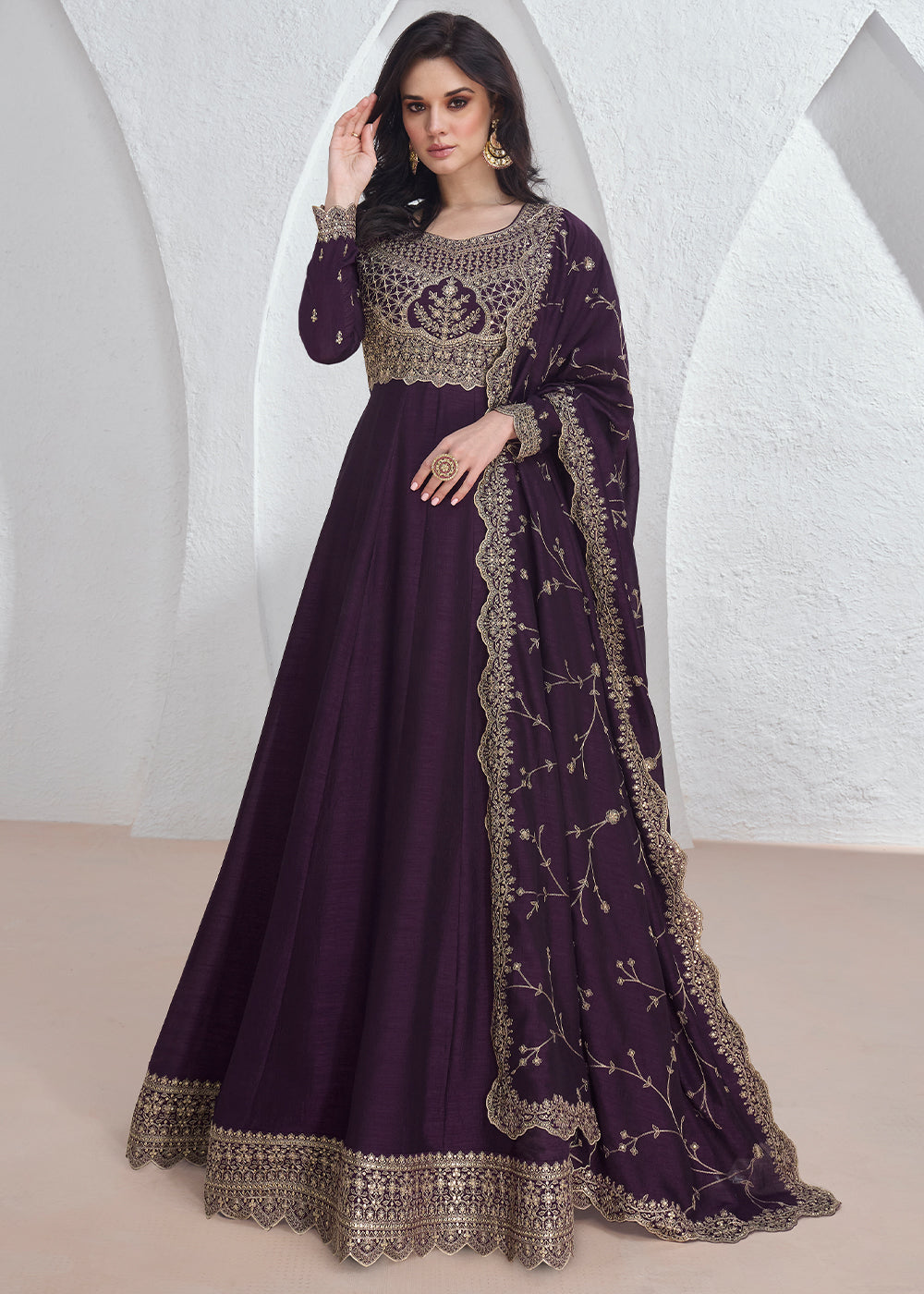 Eggplant Purple Silk Anarkali Suit with Embroidery work