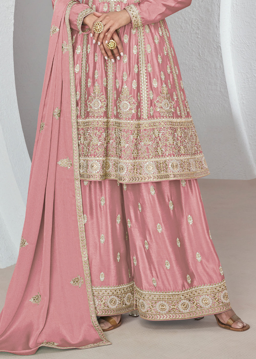Peach Pink Chinon Silk Plazzo Suit with Beautiful Embroidery work