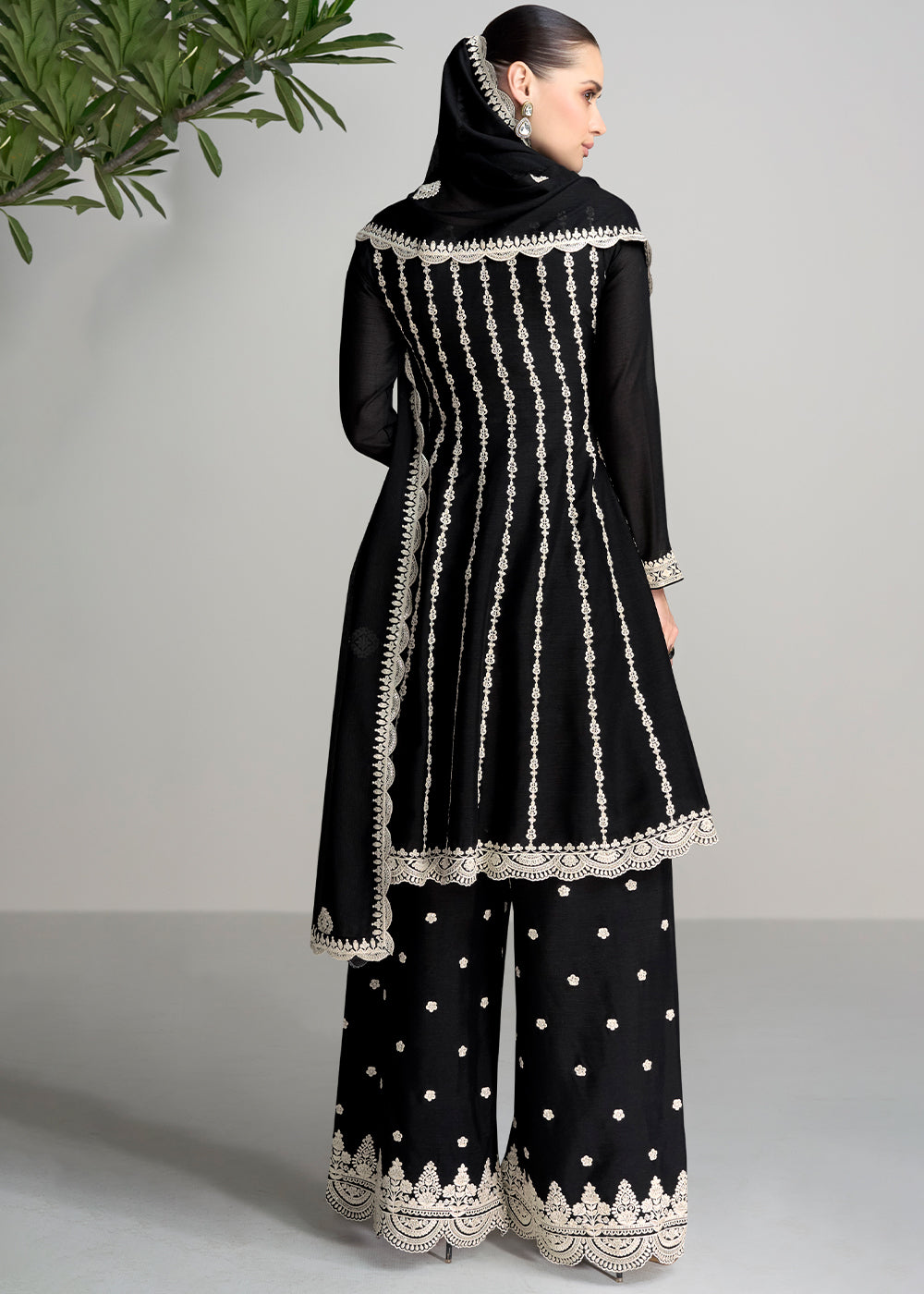 Pebble Black Chinon Silk Salwar Suit with Embroidery work