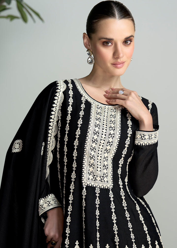 Pebble Black Chinon Silk Salwar Suit with Embroidery work