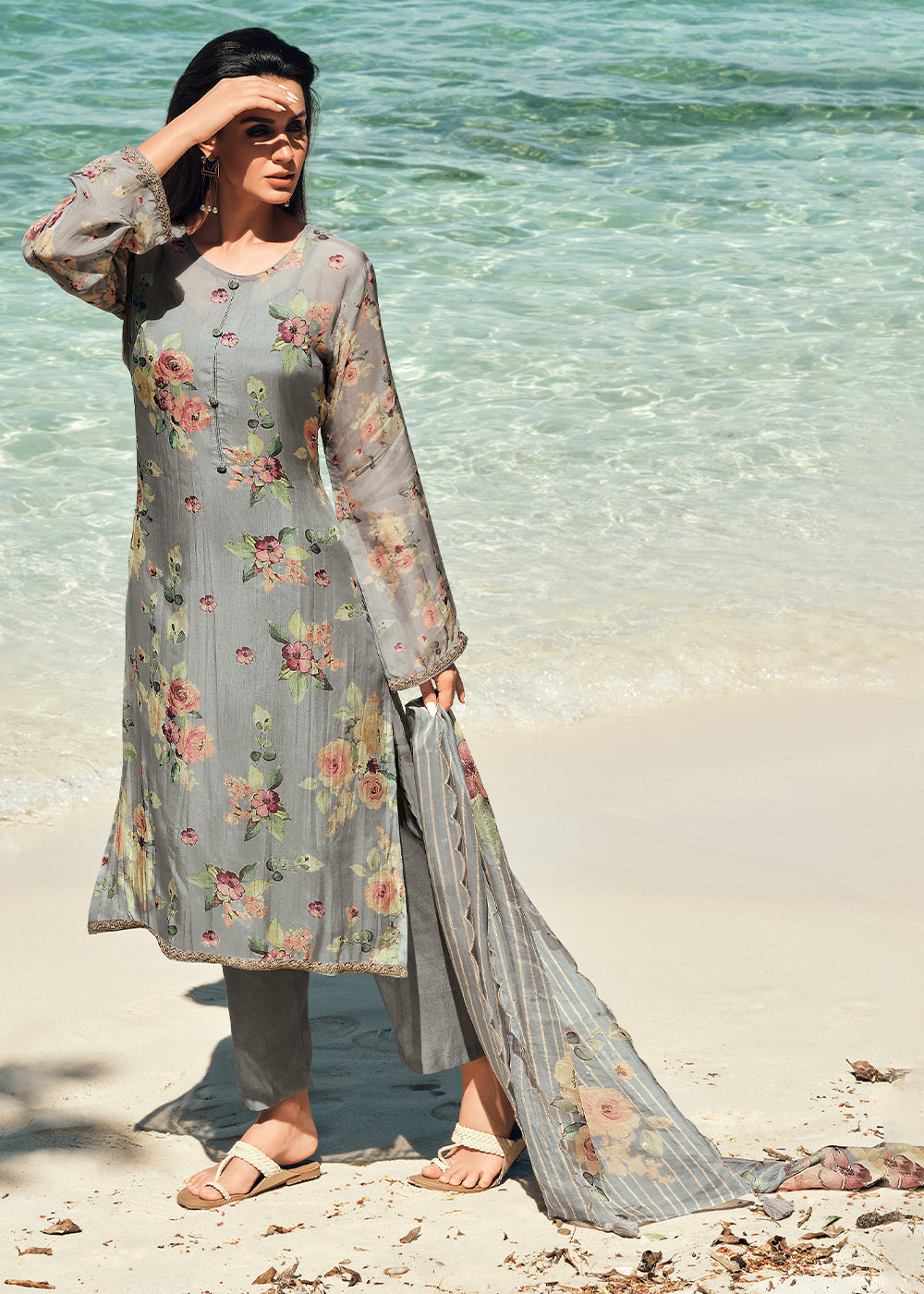 Lava Grey Floral Digitally Printed Organza Salwar Suit with Embroidery Work : Top Pick
