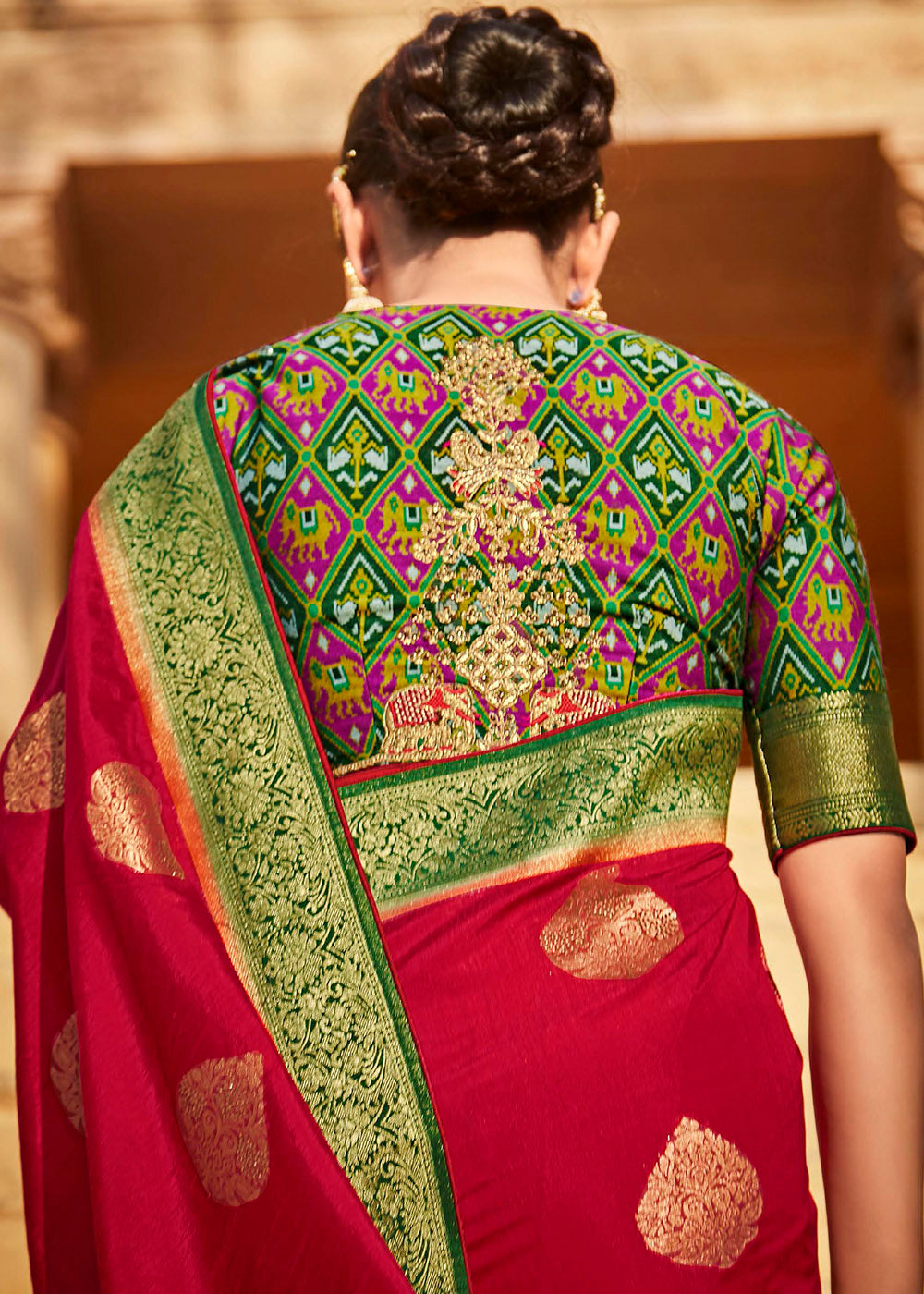 Chili Red Woven Banarasi Patola Silk Saree with Embroidered Blouse