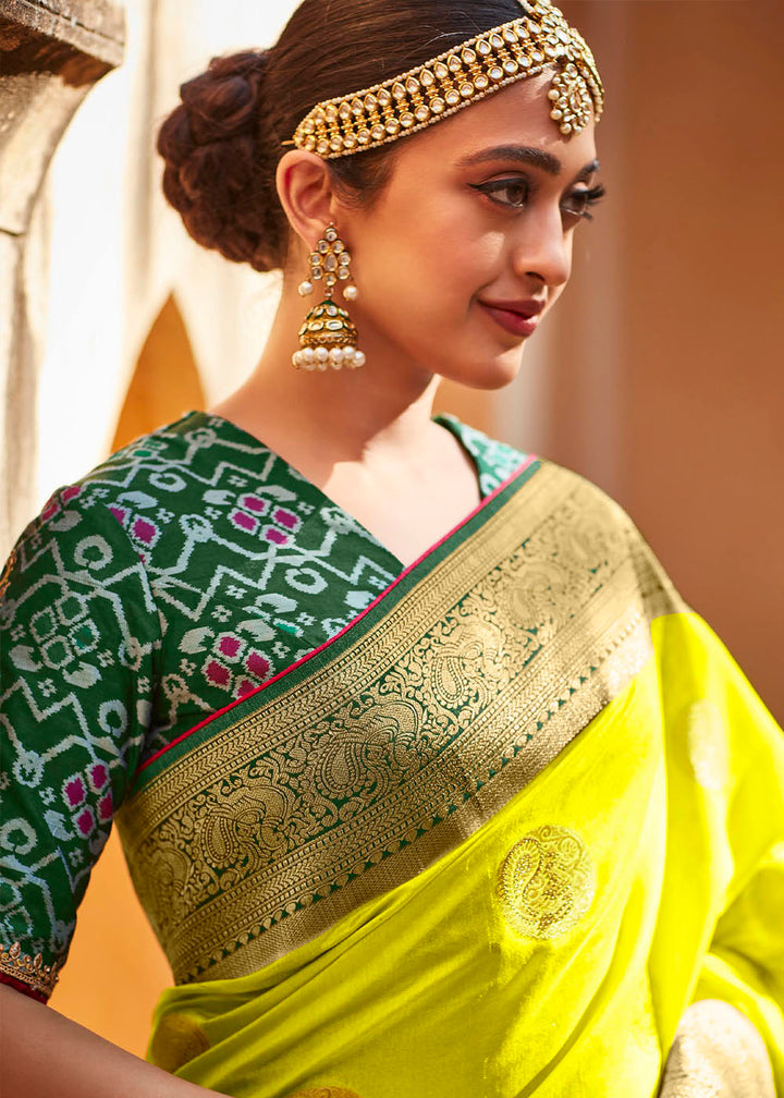 Chartreuse Yellow Woven Banarasi Patola Silk Saree with Embroidered Blouse
