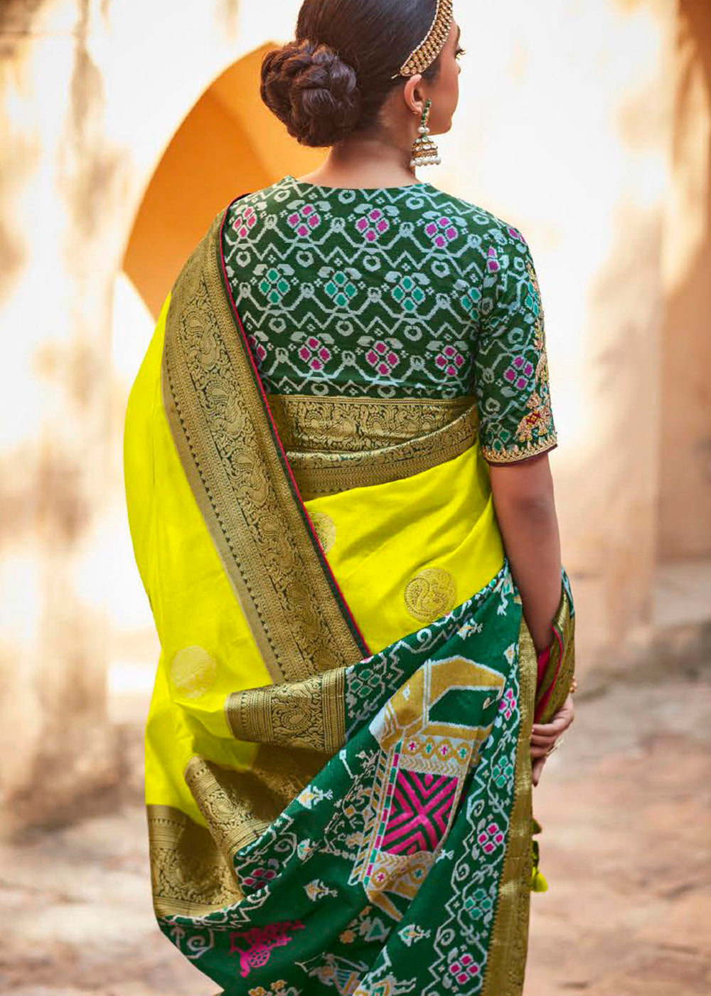 Chartreuse Yellow Woven Banarasi Patola Silk Saree with Embroidered Blouse