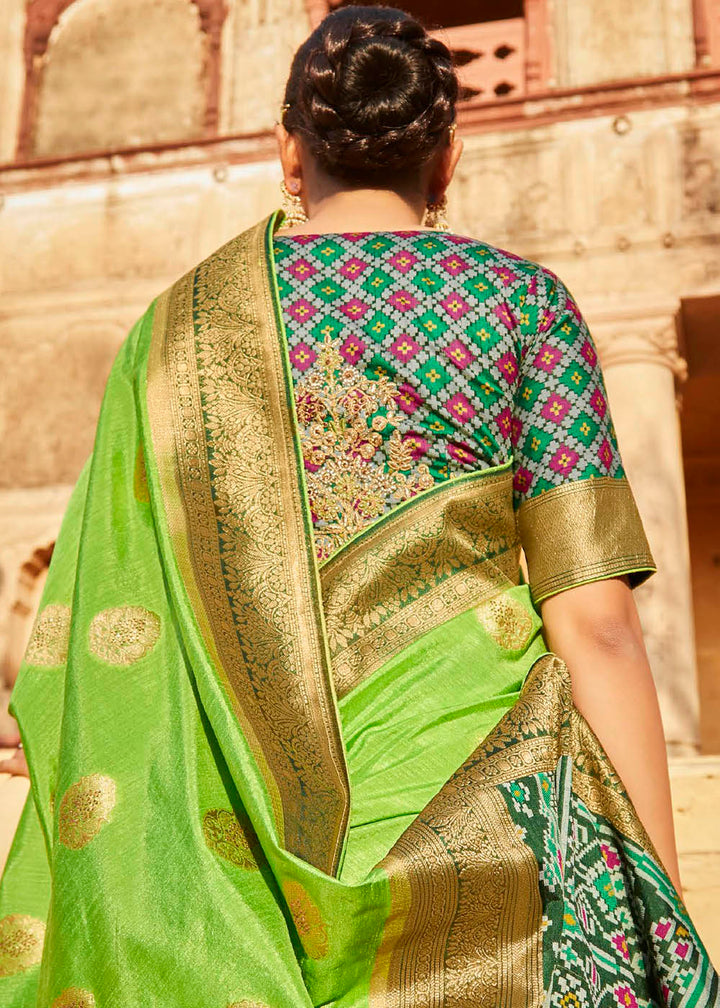 Lawn Green Woven Banarasi Patola Silk Saree with Embroidered Blouse